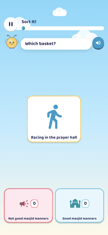 Sort It!: a card about running in the prayer hall and two baskets