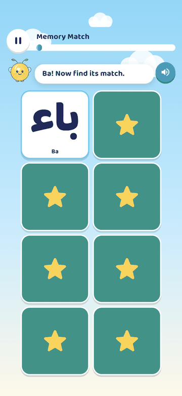 Memory Match with the Arabic letter Ba turned over