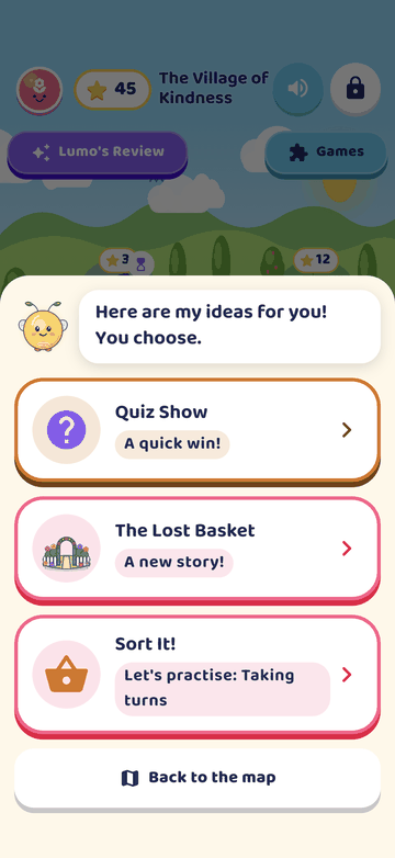 Lumo's picks: three cards suggest Quiz Show, a new story called The Lost Basket, and Sort It! to practise taking turns.