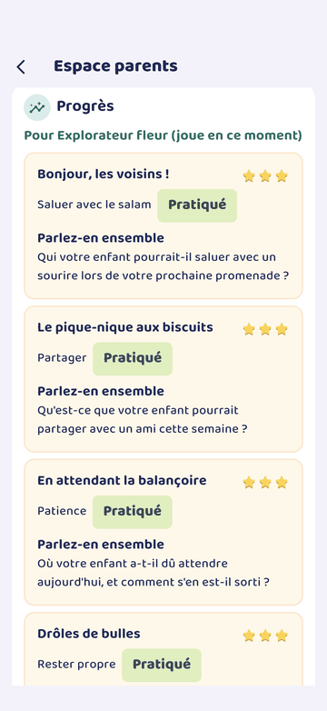 L’espace parents : la progression de chaque aventure, par exemple « Saluer avec le salam : Pratiqué », avec une question « Parlez-en ensemble ».
