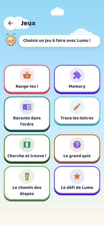 L’écran Jeux avec huit tuiles de jeux